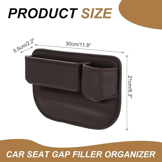 HARFINGTON Car Seat Gap Filler Organizer 11.8 x 8.3 x 2.2 Inch PU Universal Car Organizer Storage Box Between Seat and Console (Right) with Cup Holders for Phone Sunglasses Keys, Brown