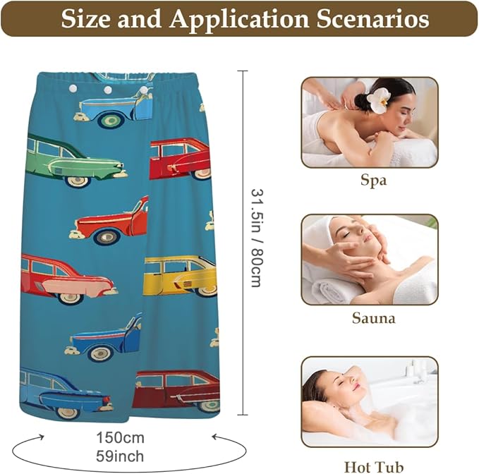 Towel Wrap for Women, Wearable Towel Dress Spa bathrobe with Adjustable Closure(Cartoon Retro Vintage Car)