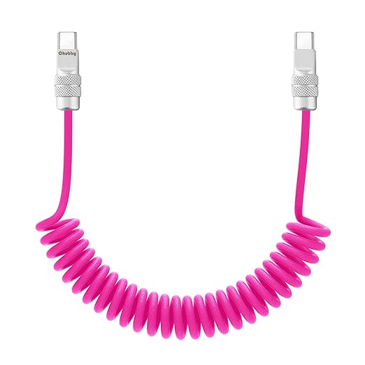 chubbycable Curly Chubby 240W Coiled USB C Fast Charging Cable Durable Braided Charger Cord for Car Compatible with iPhone 17-15 Series iPad, Pink, Type-C to Type-C, 2.13FT-6.56FT