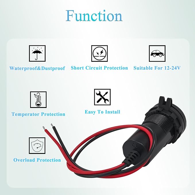 3-Port 60W PD Dual 2.4A USB 12V Charging Socket Splash Resistant for Jeep Pickup SUV Camper Van Boat