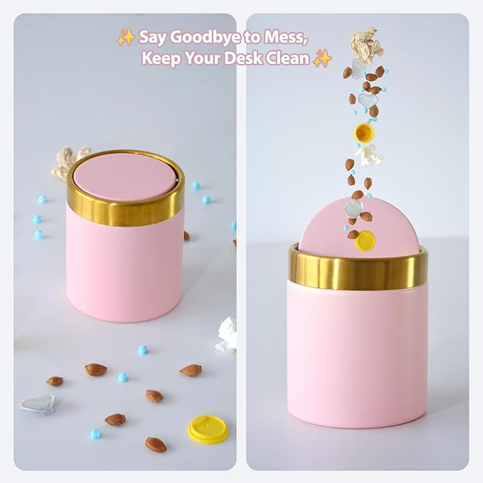 Pink Mini Countertop Trash Can with Lid – Metal Tiny Makeup Vanity Swing-Top Waste Bin, 1.5 L / 0.40 Gal