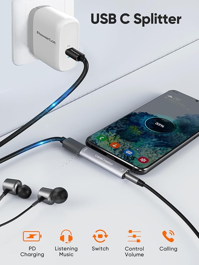 CableCreation USB C to 3.5mm Headphone and Charger Adapter, 2 in 1 Type-C to 3.5mm Audio Hi-Res with PD Fast Charge, USB C to Aux with Charging Dongle for iPhone 16 15 Pro Max, Galaxy 24+, Pixel, iPad