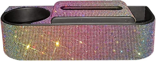 Bling Car Seat Gap Filler, Crystal Rhinestones Tissue Box Multifunctional Car Gap Organizer with Cup Holder, Bling Napkin Paper Dispenser Storage Case Car Interior Seat Gap Accessories