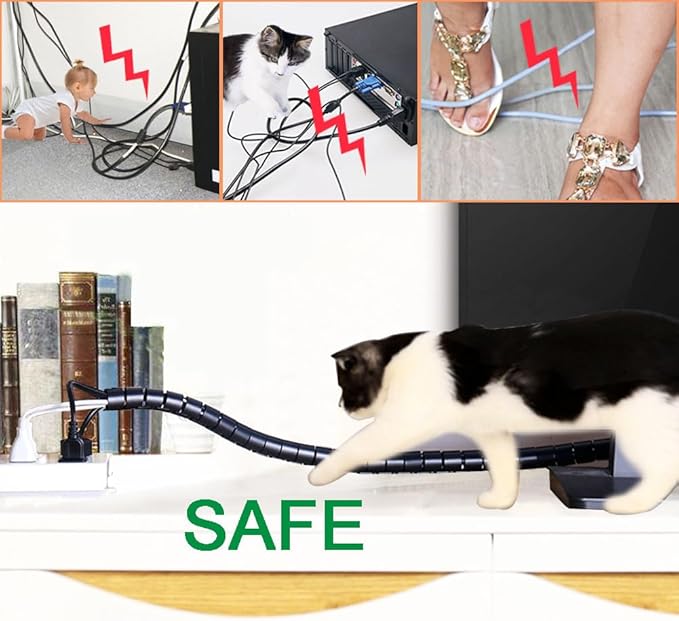 Large PC Cable Management Tube Sleeve Under Desk Wire Organizer for Cords 2 PCS Black, 1.1 inch -5 ft EZ Spiral Cable Wrap Cover Bundler w/Clips for TV Office, Pet Proof Cable Protector