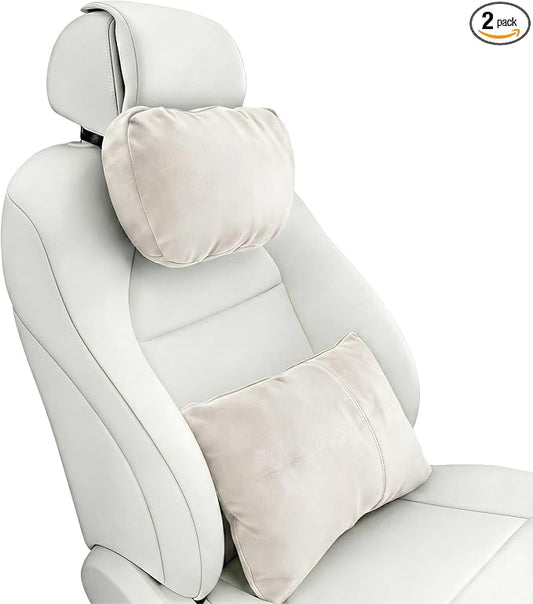 2PCS Car Pillow for Car Neck Pillow for Driving Seat Neck Support Soft Cushion Back Support Head-Rests for Vehicle Sleeping with Elastic Adjustment Strap (Beige, Head and Lumbar)