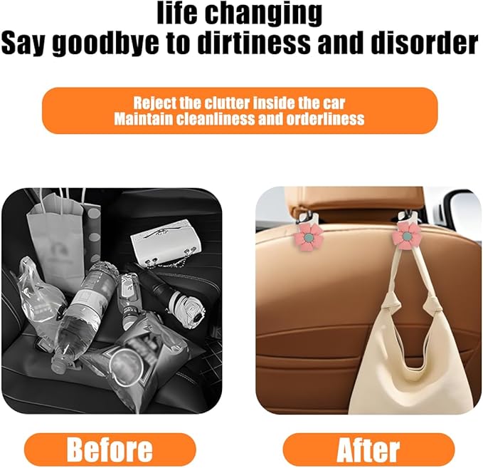 Car Seat Headrest Hooks, 2PCS Cute Flower Vehicle Seat Back Organizer Holder for Purses Bags Grocery, Automotive Interior Storage Hanger Decoration Accessories, Universal Fit (White/Pink)
