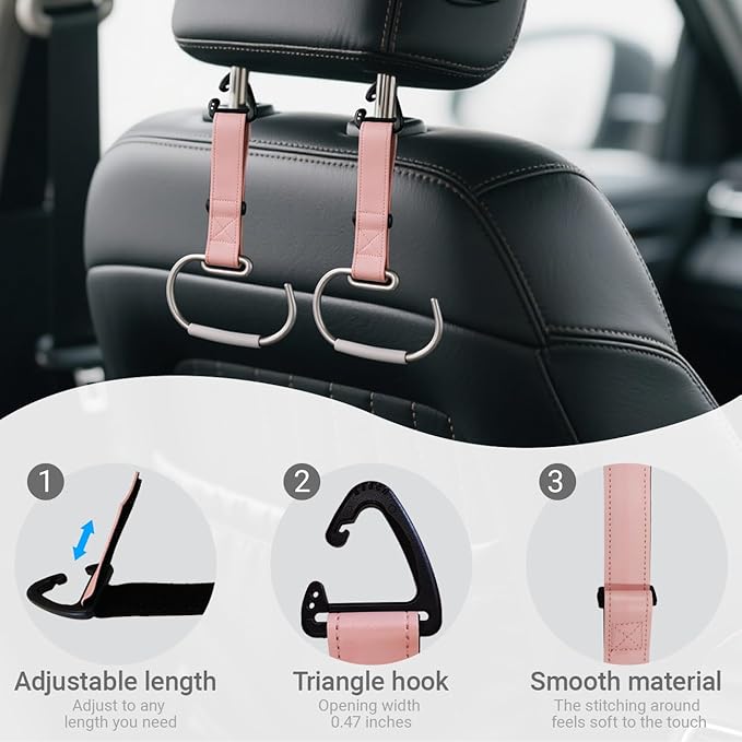 1Pcs Car Purse Hooks, Adjustable Leather Headrest Hooks for Car, Seat Back Organizer for Bags Purses (Pink)