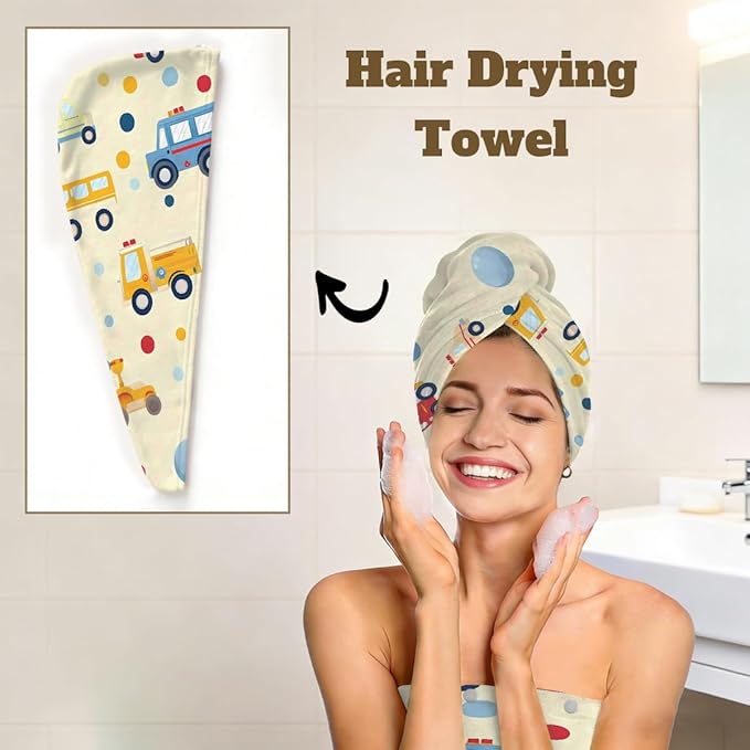Women Bath Wrap Hair Towel Drying Cap Set Colored Trucks Cars Pattern Soft Absorbent Bathrobe Shower Wraps with Adjustable Closure Spa Bath Robe
