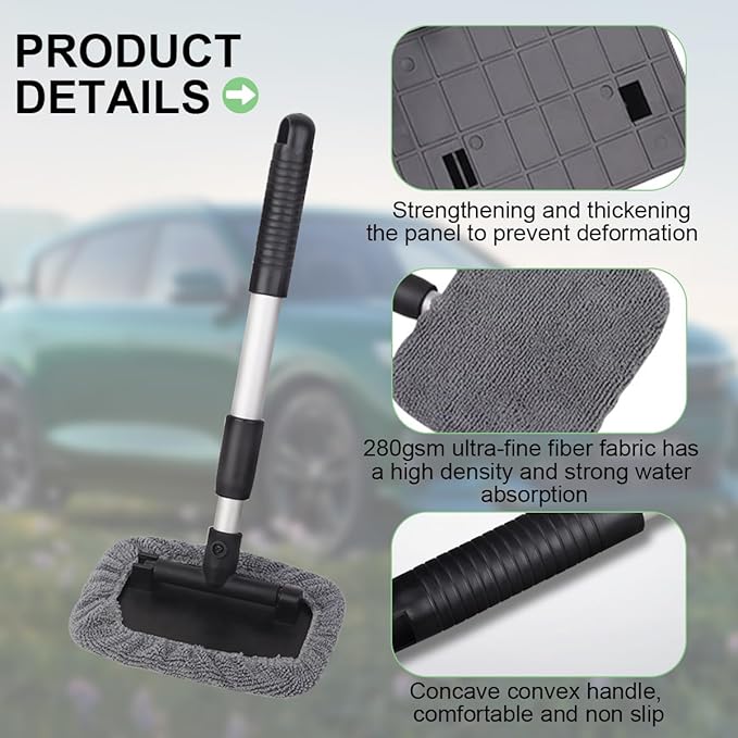 Car Windshield Cleaning Tool, Vehicle Window Cleaner with 3 Reusable Pads & Extendable Handle, Automotive Glass Wiper Wash Kit for Interior Exterior, Universal for Vehicles (Rectangular)