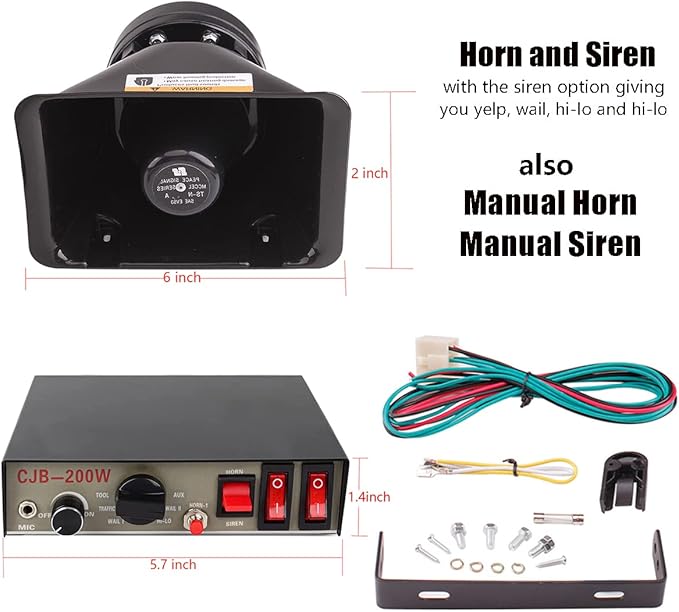 9 Tones 200W Emergency Warning Police Siren Speaker PA System Kit with Handheld Microphone & 2 Lights Control Switches for Firefighter Ambulance Vehicles Truck Car SUV ATV UTV