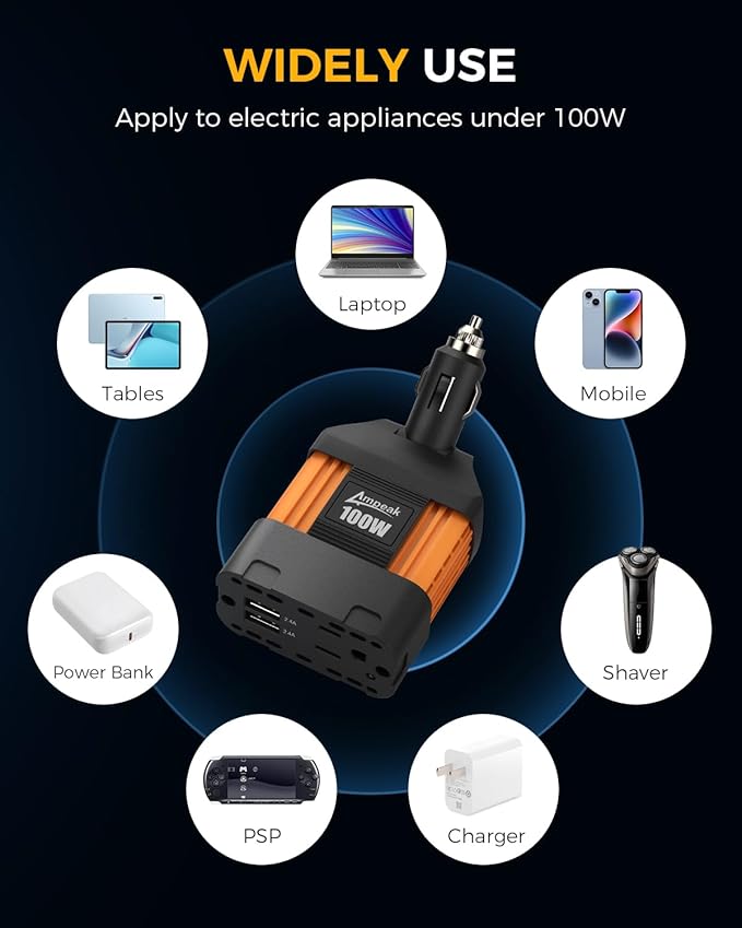 Ampeak 100W Car Power Inverter 4.8A Dual USB Ports AC Outlet 11 Safe Protections Cordless Cigarette Lighter Adapter for iPhone iPad