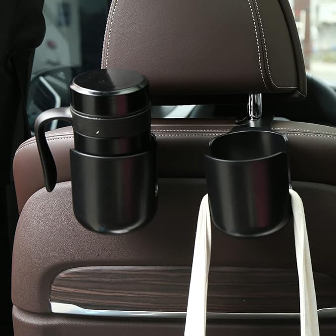 Car Seat Headrest Hook Organizer with Cup Holder - Universal Vehicle Storage Hanger for Handbags, Groceries, Backseat Organizer, Car Accessories Fit All Cars(Black)