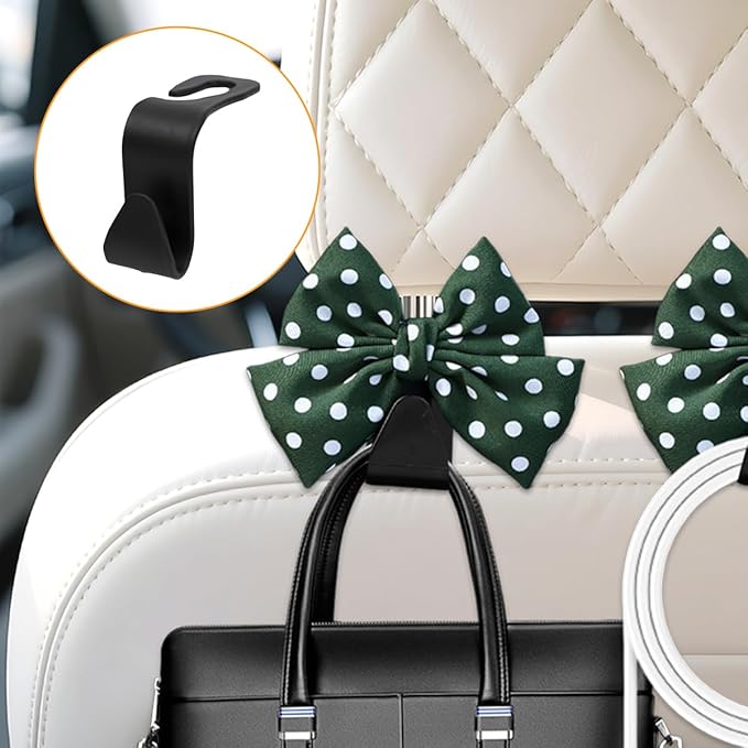 Cute Bow Car Seat Headrest Hooks, 2PCS Multifunctional Vehicle Rear Seat Hanging Hooks, Automotive Interior Seatback Storage Organizer for Purses Bags, Universal Fit (Green/Polka Dot)