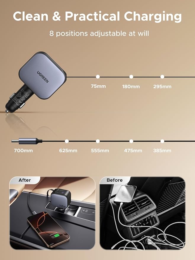UGREEN 145W 4-Port Retractable Car Charger, 3C1A USB C Fast Charger with 60W Retractable Cable, Cigarette Lighter Adapter Compatible with MacBook Pro, iPhone 17/16, Galaxy S25/S24 Ultra, iPad, Laptop