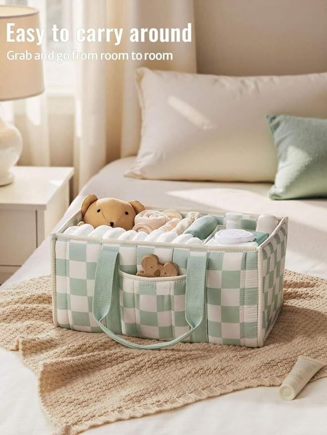 Diaper Caddy Organizer,Cute Floral Nursery Storage Basket,Soft Portable Changing Table Car Caddy Organizer Gift (Checkered A)