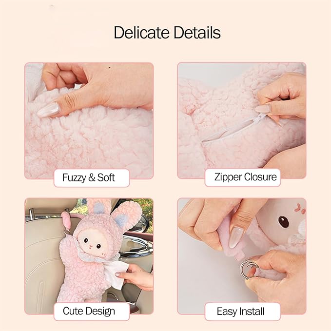 Elephant Tissue Box Cover Plush Tissue Box Holder for Car, Home, Decorative Holder/Organizer for Bathroom Vanity Countertop, Nightstands, Office Desk-Bunny