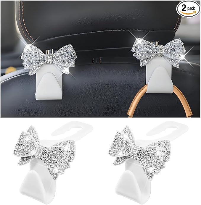 Zpana Bling Car Headreat Hook, 2PCS Crystal Rhinestone Cute Bow Vehicle Seat Back Hanger Storage for Purses Bags Grocery, Diamond Auto Rear Seat Organizer, Universal for SUV Truck Sedan (White)