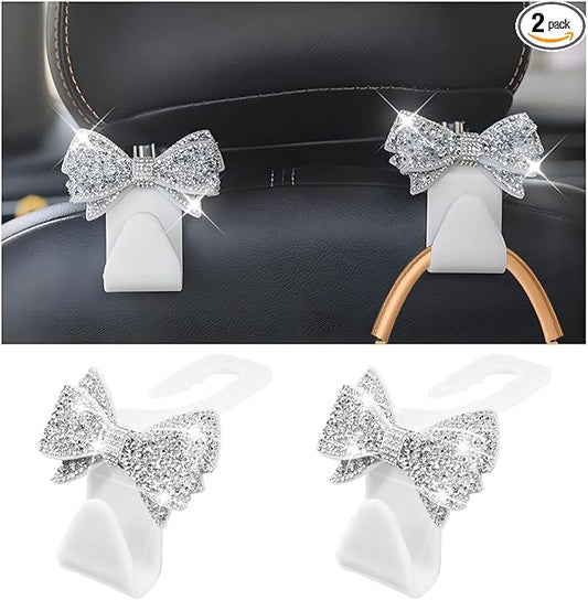 Zpana Bling Car Headreat Hook, 2PCS Crystal Rhinestone Cute Bow Vehicle Seat Back Hanger Storage for Purses Bags Grocery, Diamond Auto Rear Seat Organizer, Universal for SUV Truck Sedan (White)