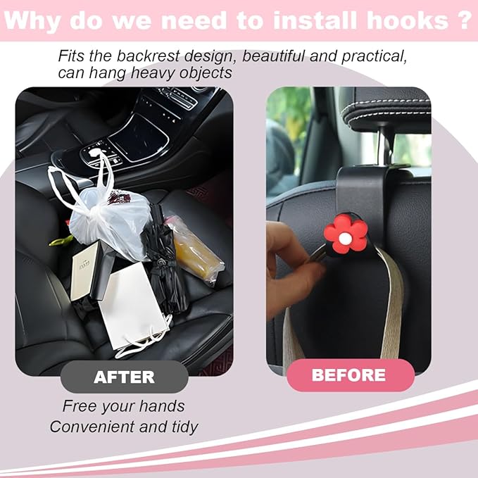 4 PCS Car Headrest Hook, Multifunctional Flower Vehicle Seat Back Storage Hook, Cute Automotive Seatback Organizer Hanger for Purse Grocery Bag Handbag, Universal Fit (Black/Red)