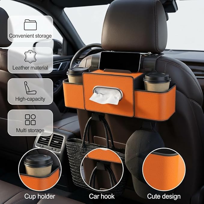 3-in-1 Backseat Car Organizer with Dual Cup Holders,Tissue Box & Phone Holder, 2026 Upgraded Car Seat Back Storage Box,Multifunctional Waterproof Storage for Daily Driving & Travel,Black