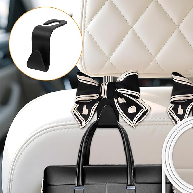 Cute Bow Car Seat Headrest Hooks, 2PCS Multifunctional Vehicle Rear Seat Hanging Hook, Automotive Interior Seatback Storage Organizer for Purses Ba, Universal for SUV Sedan Truck (Black/White)