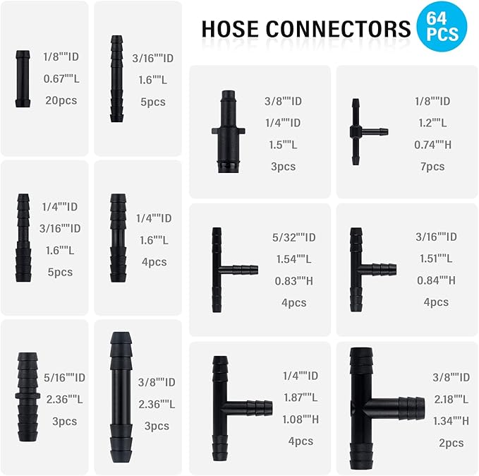 64PCS Vacuum Line Connectors Kit,Heat Resistant 240℃ (460℉) Vacuum Hose Connector Assortment for Tightly Connecting Vacuum Lines,Silicone Vacuum Hose,Multiple Size Vacuum Tube Fittings (64PCS)