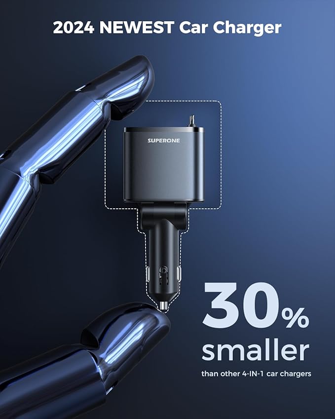 Ultra-Compact SUPERONE Retractable Car Charger with Dual Type C Cords, 69W Fast Retractable USB C Car Charger, 4 in 1 Car Accessories Car Chargers for iPhone 17 16 15 14 13 12 Galaxy Pixel