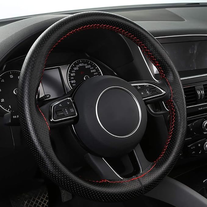 BMLEI Universal Car Steering Wheel Cover with Top Genuine Leather, Anti-Slip Design and Soft Padding, Stitching Style (Black Leather with red Thread)