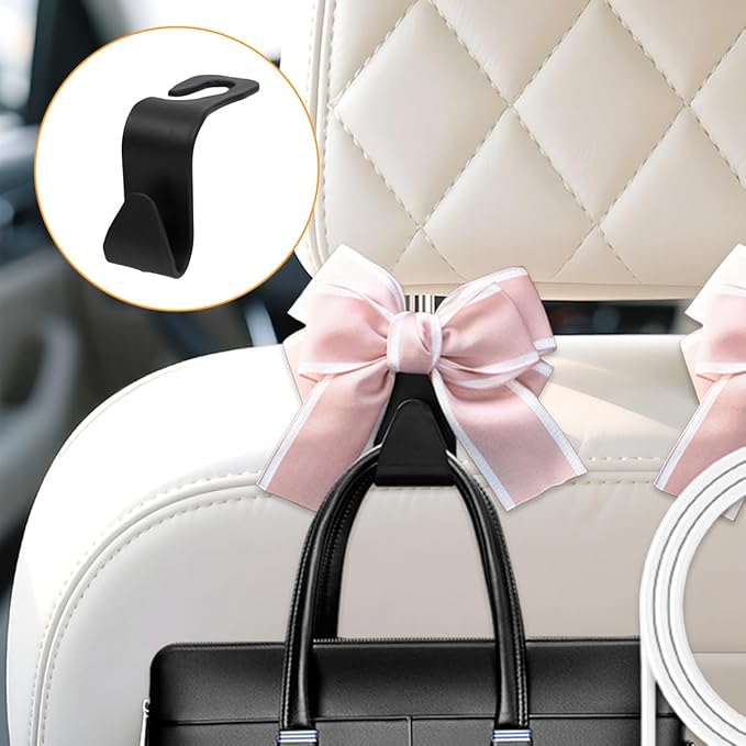 Cute Bow Car Seat Headrest Hooks, 2PCS Multifunctional Vehicle Rear Seat Hanging Hooks, Automotive Interior Seatback Storage Organizer for Purses Bags, Universal for SUV Sedan Truck (Pink)