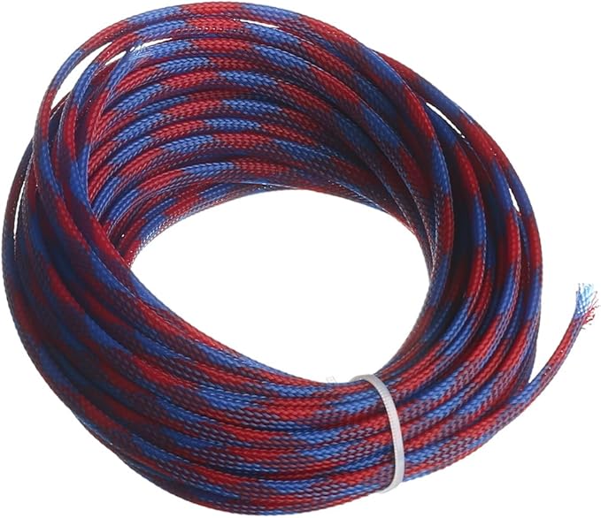 Aicosineg 32.81ft PET Flexible Braided Cable Sleeve 0.25inch Width Wire Loom Sleeving and Organizer Flexible Wire Mesh Sleeve Wrap Protector for TV Audio PC Cords from Pets Chewing Blue and Red