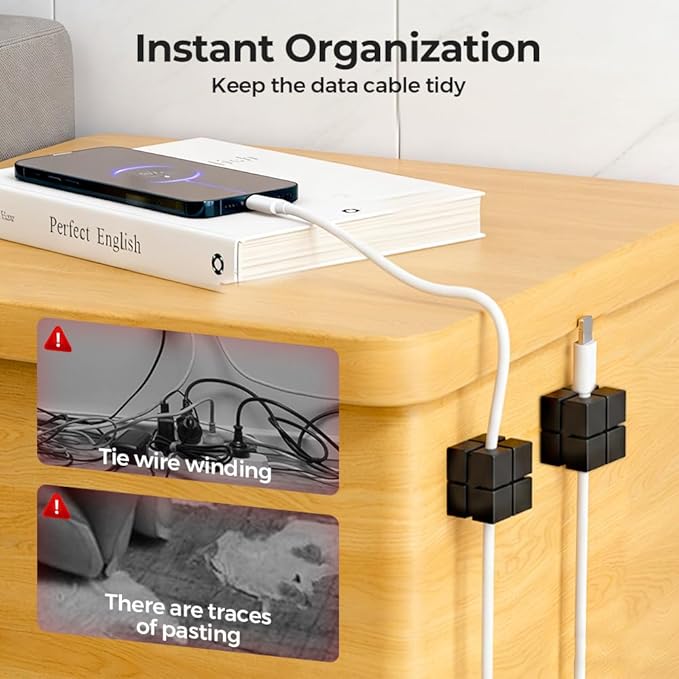 Magnetic Cord Organizer Holder, Upgrade Cord Holder for Nightstand, Adhesive Wire Cable Clips Management Kit for Phone Charger, Computer, Home, Office, Desk, Nightstand (Black-A, 6 Packs)