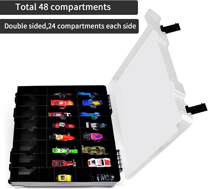 ALYCON Double Sided Toy Storage Organizer Case for Hot Wheels Car, Matchbox Cars, Mini Toys, Small Dolls. Carrying Box Container Carrier with 48 Compartments - Black (Box Only)