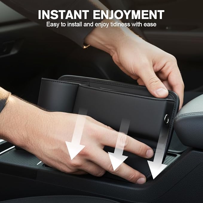 Car Leather Cup Holder Gap Bag, Adjustable Car Seat Gap Storage Box Leather with Cup Holder, for Keys, Cards, Phone, Sunglasses, Multi-Purpose Essentials Organizer (Beige, Passenger Seat)