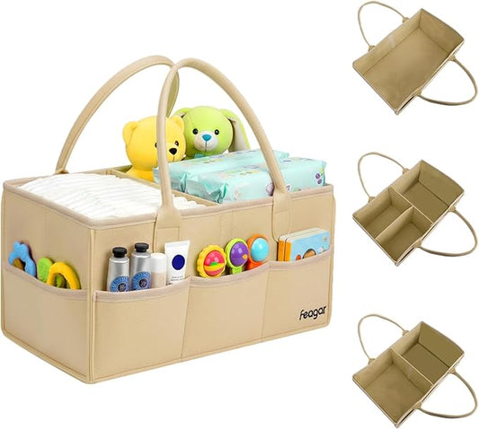 Feagar Baby Diaper Caddy Organizer, 15 Inch Large with 8 Pockets & 2 Dividers, Portable Nursery Storage Basket & Car Organizer for Changing Table, Travel (Khaki)