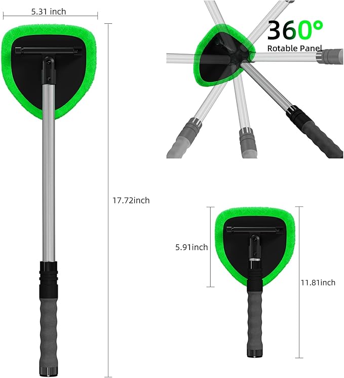 Windshield Cleaner Tool with Extendable Aluminum Handle (Up to 19.7"), Streak-Free Auto Glass Cleaning Kit with 4 Thick Microfiber Pads & Spray Bottle, Inside Window Defogger Accessories