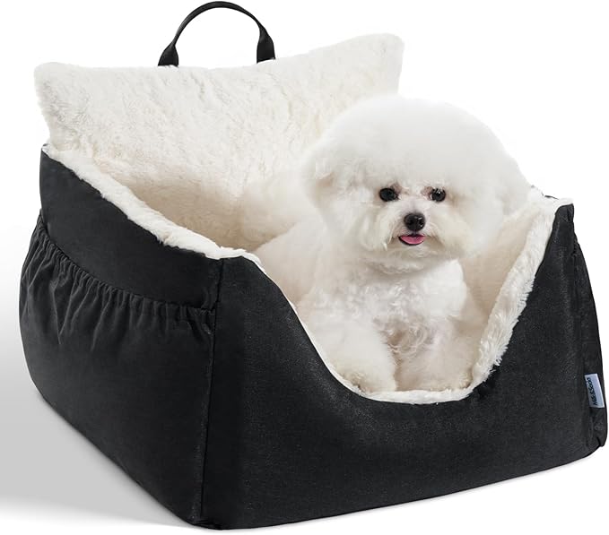 Milk and Soda Small Dog Car Seat Bed for Small Dogs Under 20 LBS with 2-Sided Pillow, Side Pockets, Clip on Leash, Machine Washable Cover, Pet Carseat Travel Carrier, Black, Small