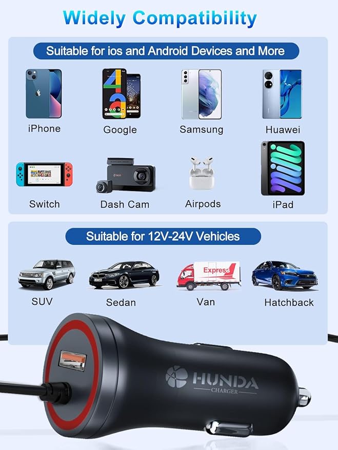 HUNDA Fast Car Charger 48W, Dual Port Super Fast Charging with PD3.0 & QC4.0, Car Accessories with Built-in 5ft Coiled Lightning Cable for iPhone 15-11 Series, iPad & More