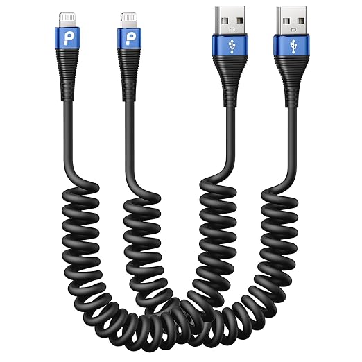 iPhone Charger Cable for Car 3FT, 2Pack Coiled Lightning Cable, [Apple MFi Certified] Retractable Charging Cord Compatible with iPhone 14/13/12/11 Pro Max/XS MAX/XR/XS/8/iPad/iPod/CarPlay-Blue