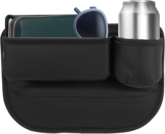 HARFINGTON Car Seat Gap Filler Organizer 11.8 x 8.3 x 2.2 Inch PU Universal Car Organizer Storage Box Between Seat and Console (Right) with Cup Holders for Phone Sunglasses Keys, Black