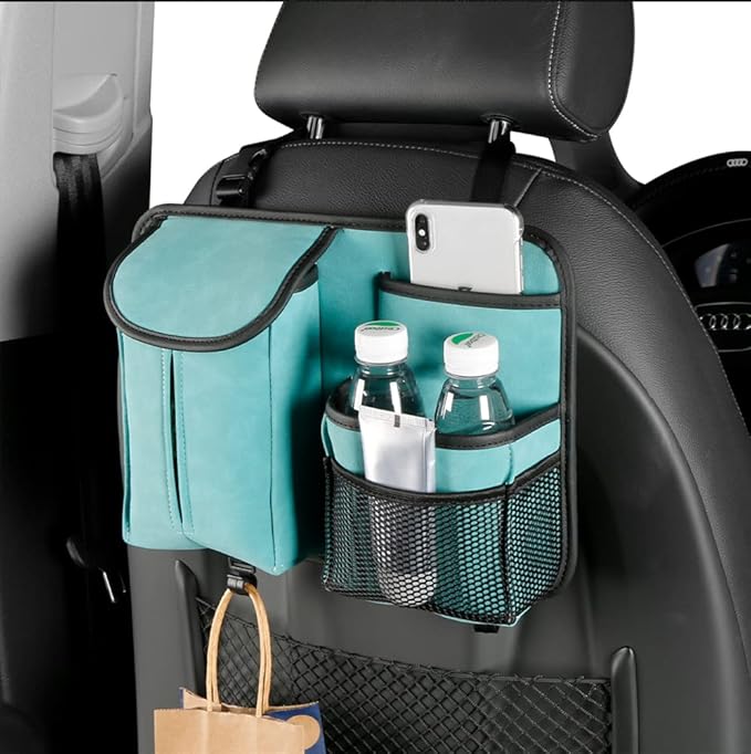 JEYODA Car Seat Back Organizer Large Capacity Car Seat Back Storage Bag with Hook Suede Car Tissue Box (Blue)