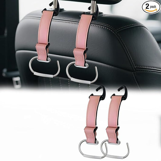 2Pcs Car Purse Hooks, Adjustable Leather Headrest Hooks for Car, Seat Back Organizer for Bags Purses (Pink)