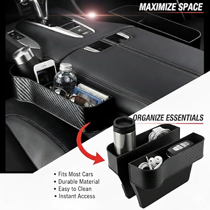 Car Seat Gap Filler Organizer 2 Pack, Multifunctional Auto Console Side Storage Box with Cup Holders & Phone Holder, Premium PU Leather Car Front Seat Organizer for Drinks, Sunglasses, Keys