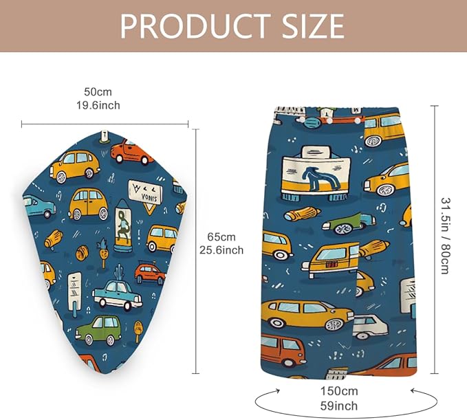 Women Bath Wrap Hair Towel Drying Cap Set Cartoon Cars Pattern Soft Absorbent Bathrobe Shower Wraps with Adjustable Closure Spa Bath Robe