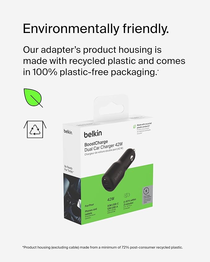 Belkin BoostCharge 42-Watt Dual Port Fast Car Charger w/30W USB-C & 12W USB-A Ports for iPhone 16, 16 Pro, Galaxy S25, S24, Pixel 9 & 8, Nintendo Switch 2 & More - Black