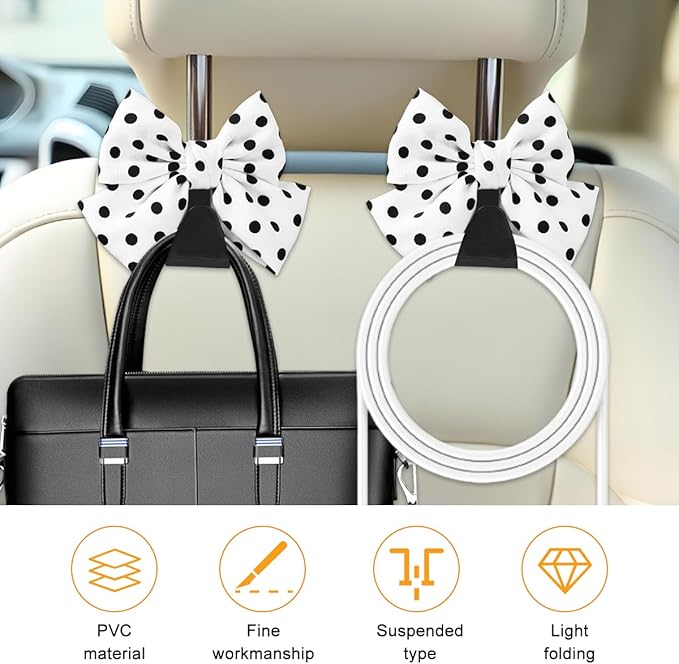 Cute Bow Car Seat Headrest Hooks, 2PCS Multifunctional Vehicle Rear Seat Hanging Hooks, Automotive Interior Seatback Storage Organizer for Purses Bags, Universal Fit (White/Polka Dot)