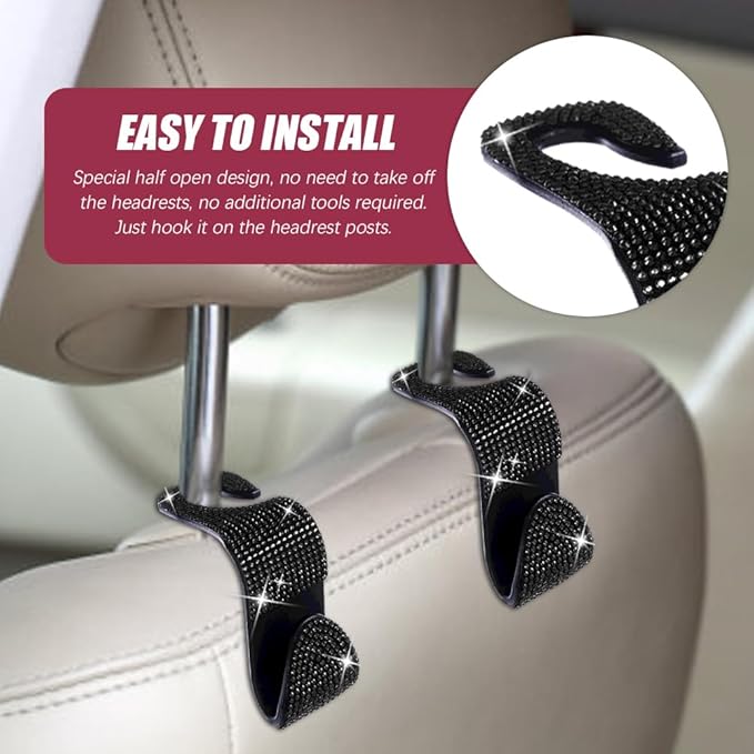 deemars 2 Pack Car Seat Headrest Hook, Bling Car Hooks Front Seat, Back Seat Organizer Hanger Storage Hook Car Purse Hook for Bags, Clothes, Coats, Grocery Bags (Black)
