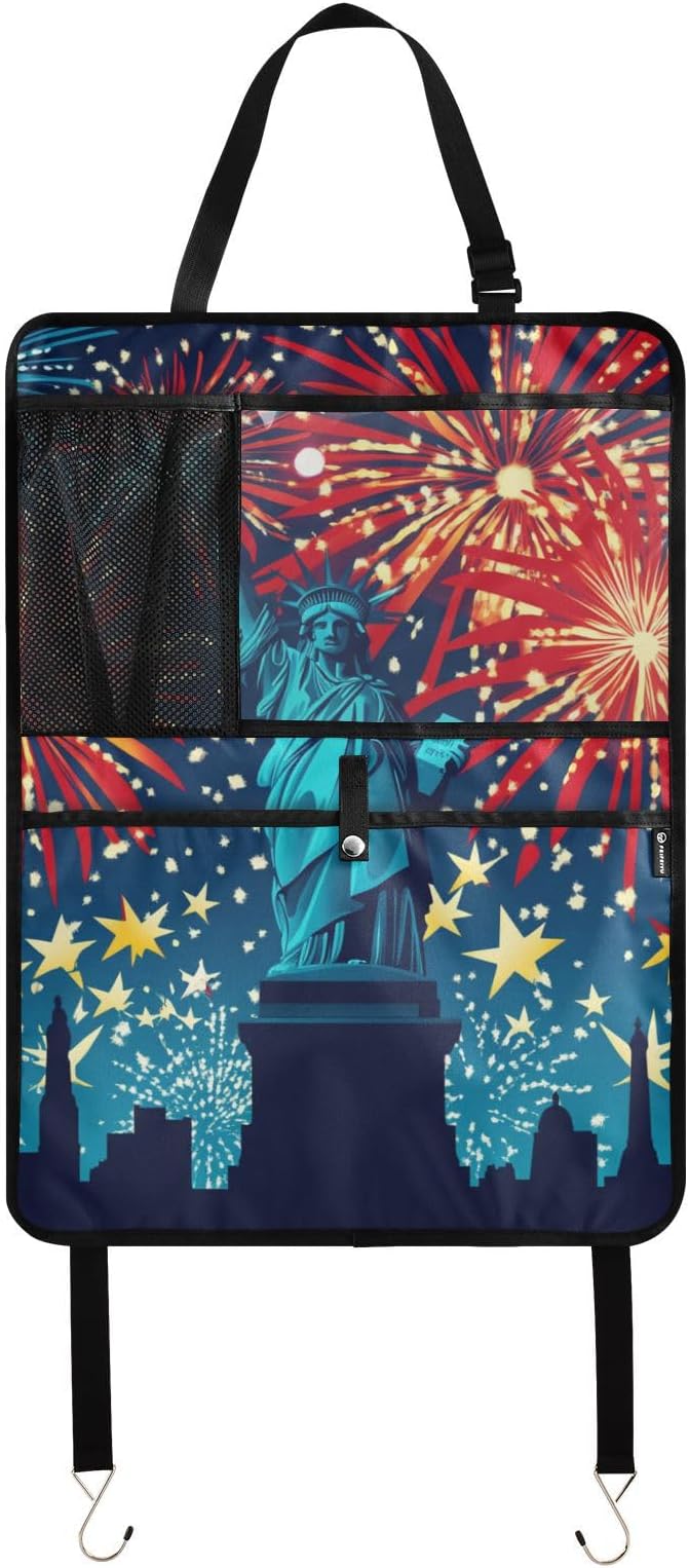 July 4th Fireworks Statue Of Liberty Blue 2 Pack Backseat Car Organizer with Storage Pockets Seat Back Organizers for Kids Kick Mats Backseat Protector Automotive