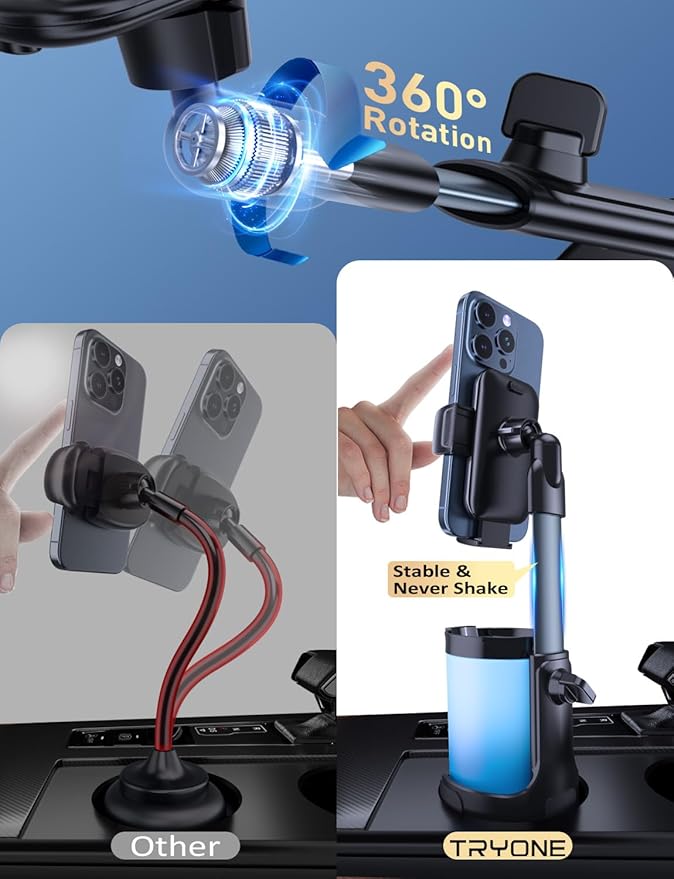 Tryone Cup Phone Holder Mount for Car: Upgrade Aluminum Adjustable Rod Cell Phone Cup Holder Stand for Auto | Truck SUV Compatible with iPhone & Samsung & All 4.0-7.0 Inches Smartphone