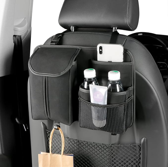 JEYODA Car Seat Back Organizer Large Capacity Car Seat Back Storage Bag with Hook Suede Car Tissue Box (Black)