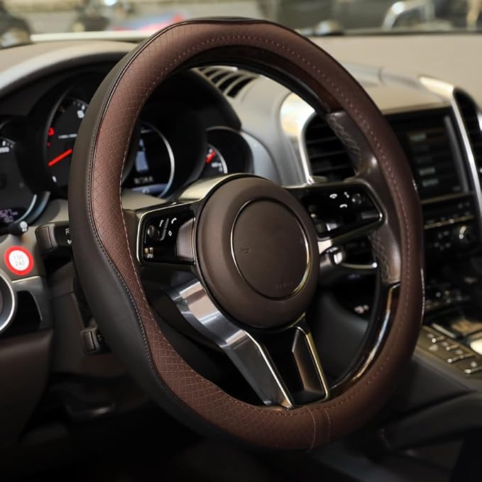 Gomass Car Steering Wheel Cover, Anti-Slip, Safety, Soft, Breathable, Heavy Duty, Thick, Full Surround, Sports Style (Black Brown)